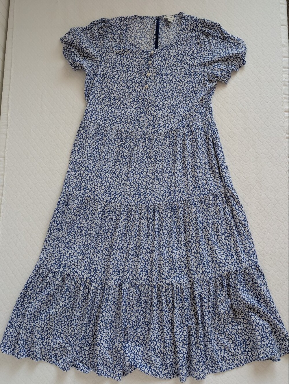 J. Crew Blue White Ditsy Floral Tiered Maxi Dress Short Sleeves, size M Cottage - Picture 2 of 12